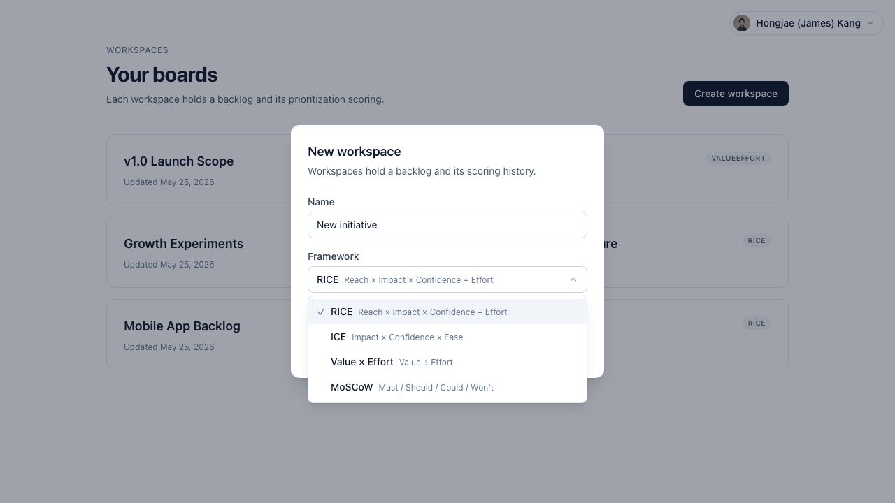 Workspace framework picker