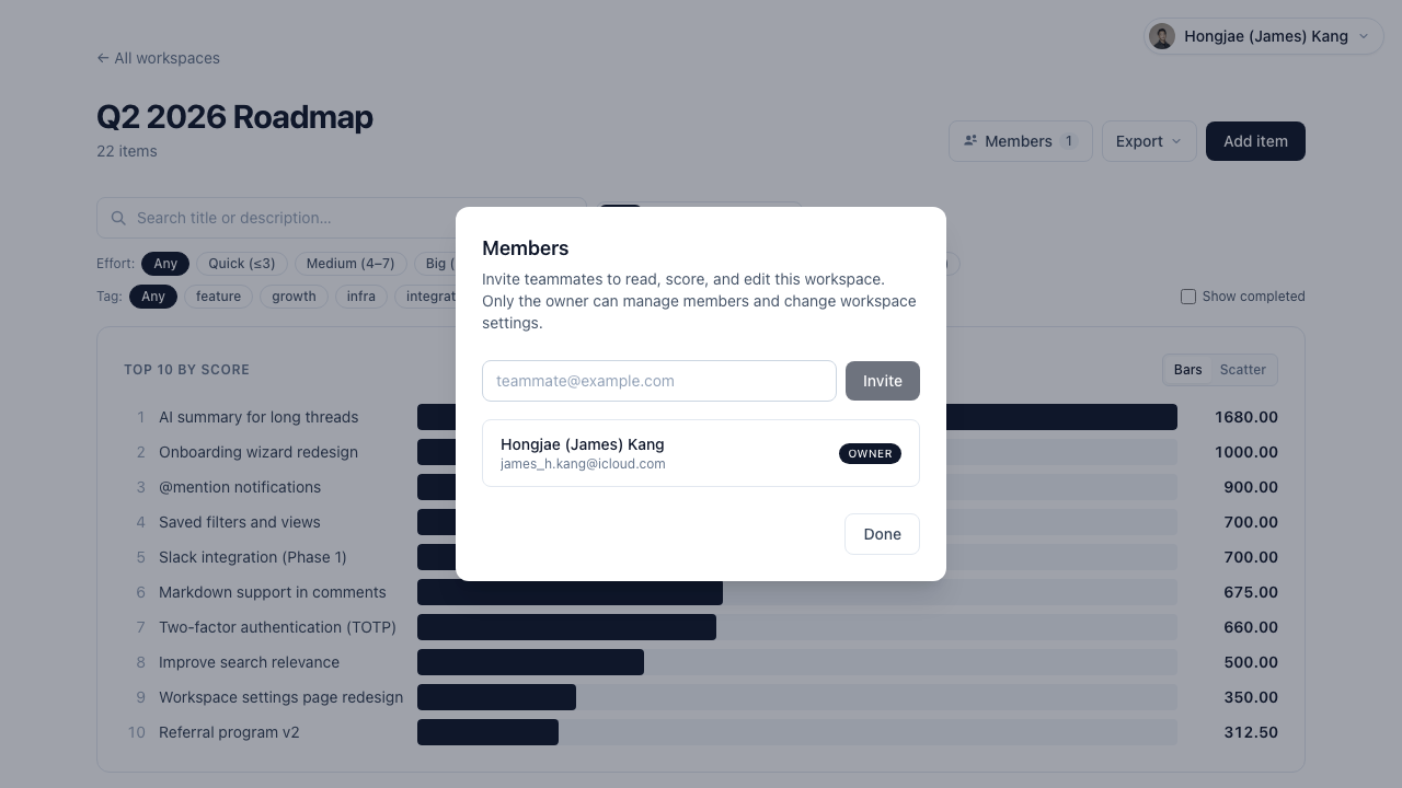 Team members modal with per-person scoring