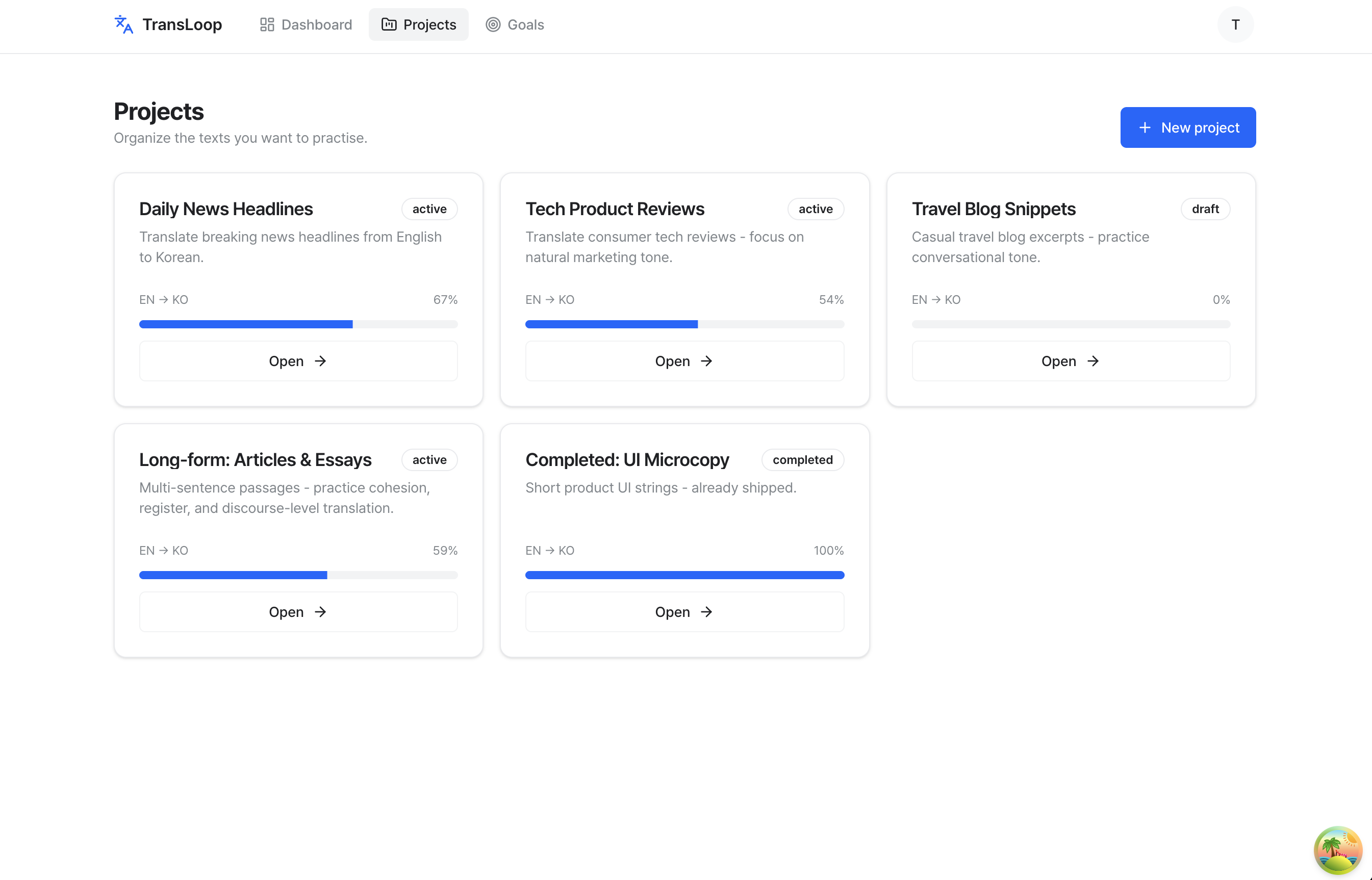 TransLoop projects list with progress bars